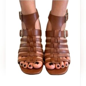 VINCE CAMUTO size 10 Hicheny Leather Caged Fisherman Block Heel Sandals Brown